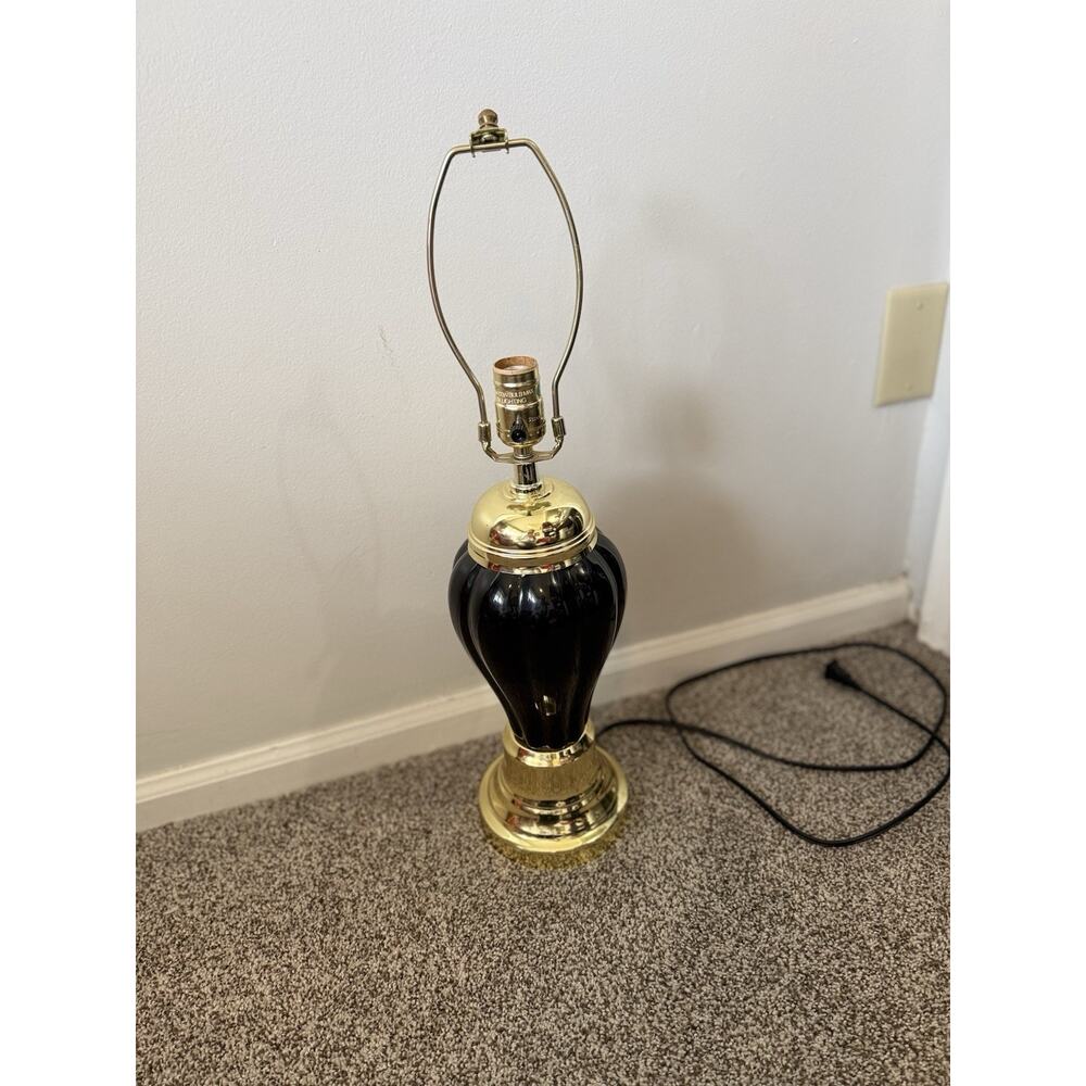 80's Black Ceramic Reverse Painted Ginger Jar Style Table Lamp Art Deco Revival
